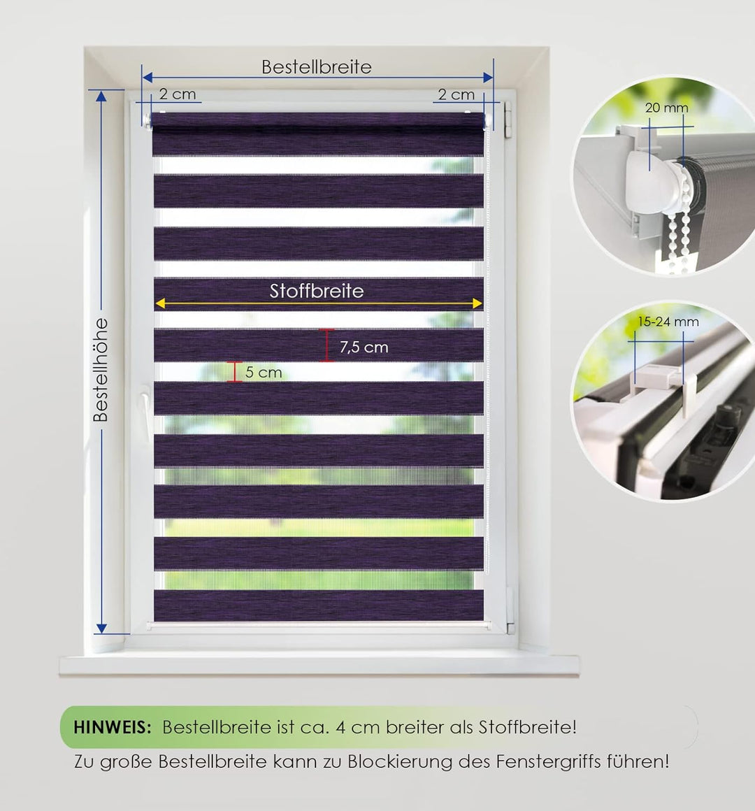Rikmani Doppelrollo Fensterrollo LUIS Duo-Rollo Klemmfixierung Zebrarollo Seitenzugrollo ohne Bohren