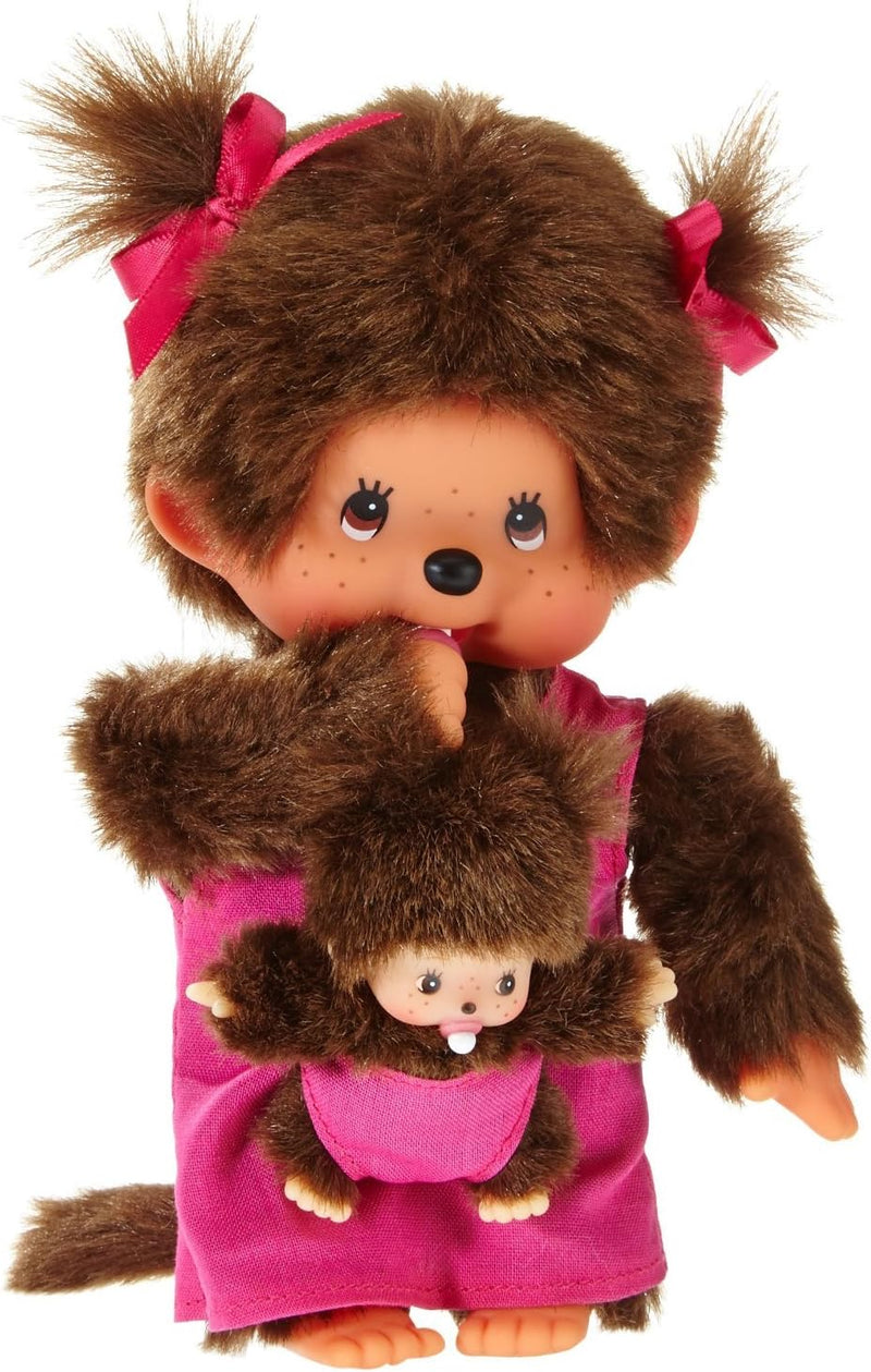 Sekiguchi 236200 - Original Monchhichi Mutter mit Baby, Plüschfigur mit pinkem Kleid und Schleife im