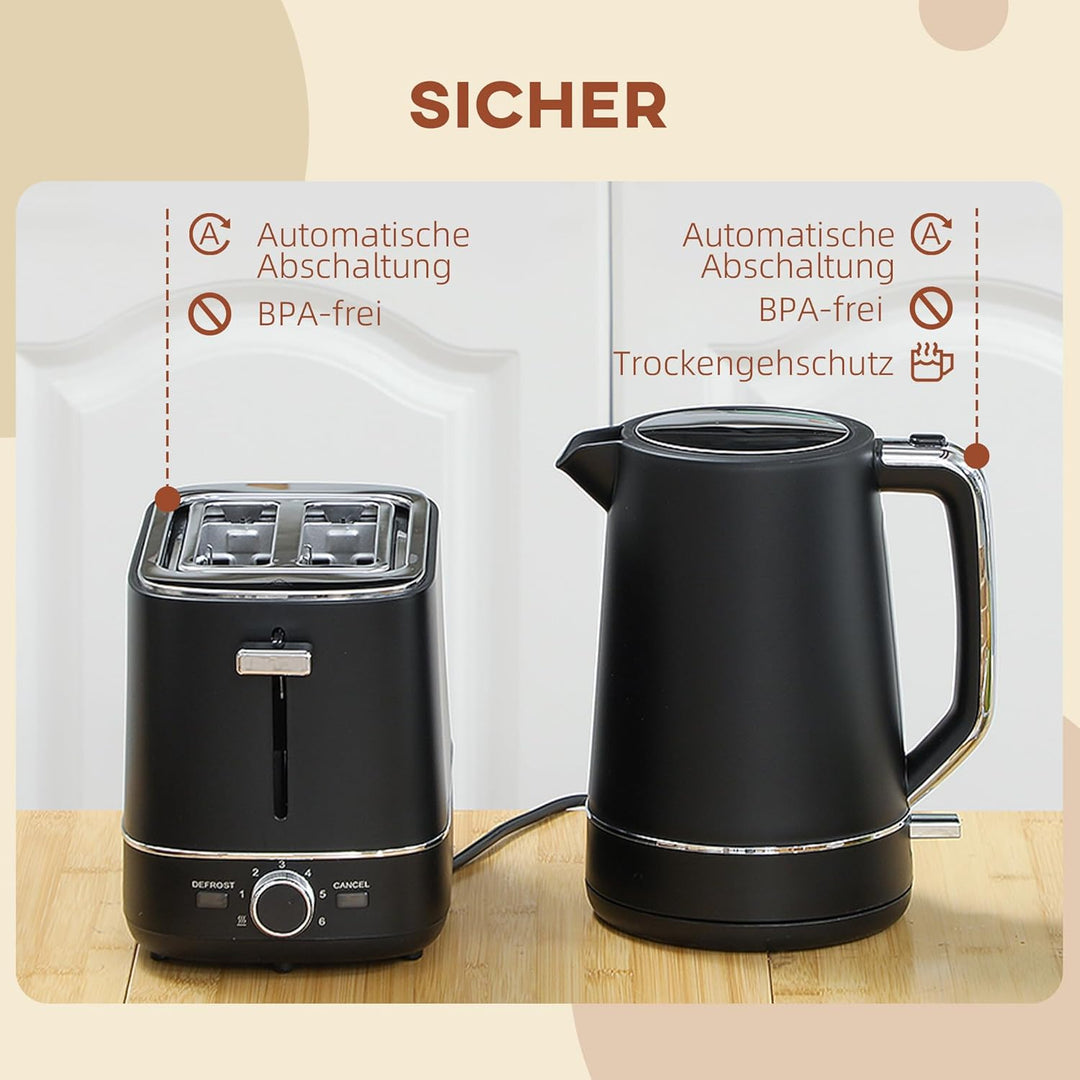 HOMCOM Wasserkocher Toaster Set 2200 W 1,7L Wasserkocher, 2 Scheiben Toaster, 6 Bräunungsstufen, Auf