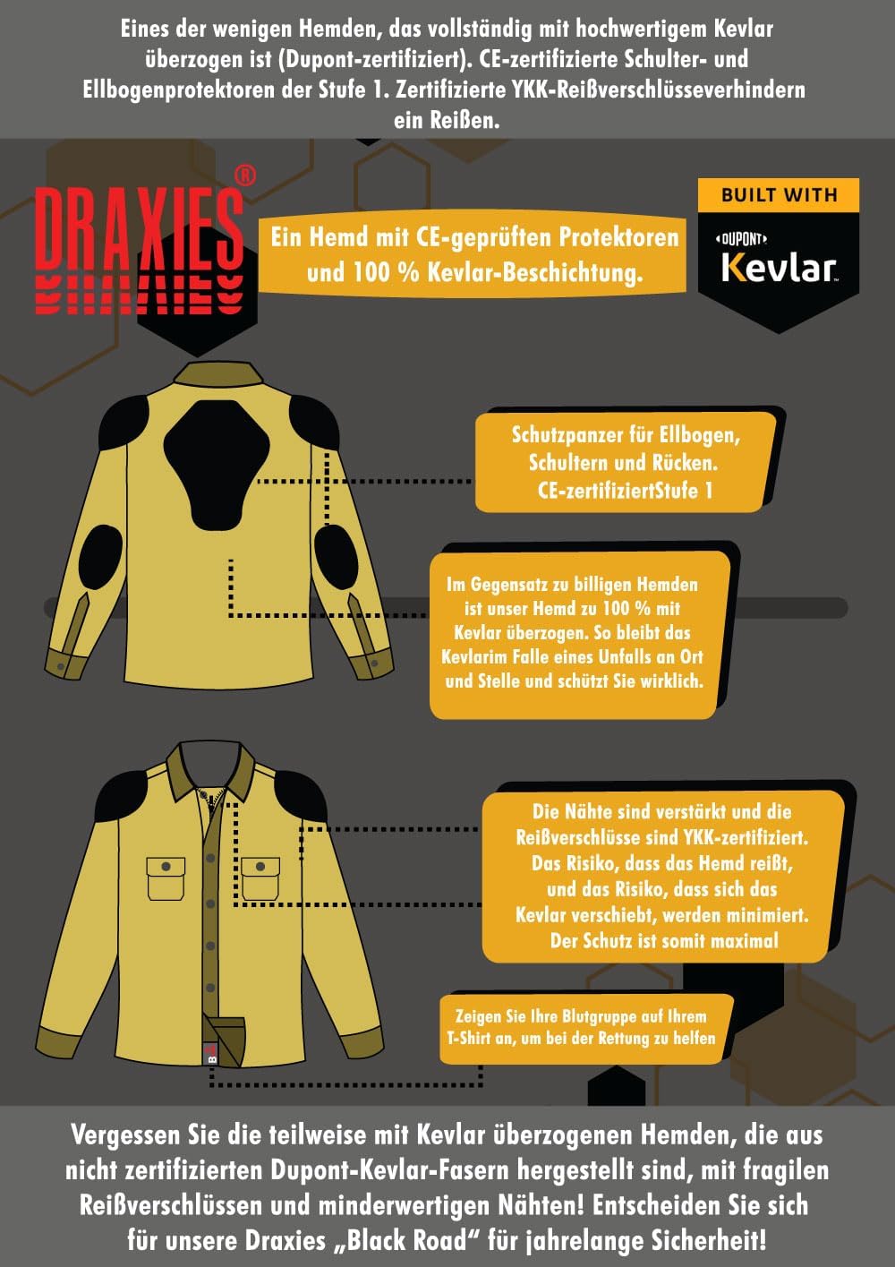 DRAXIES Motorradhemd - Motorradjacke - Offizielles Dupont® Kevlar (Aramid) für Herren mit Protektore