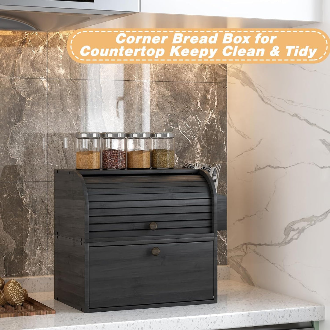 TQVAI Brotkasten Holz, Bambus Brotbehälter mit 2 Etagen Brotaufbewahrung, Bread Box mit Rolldeckel m