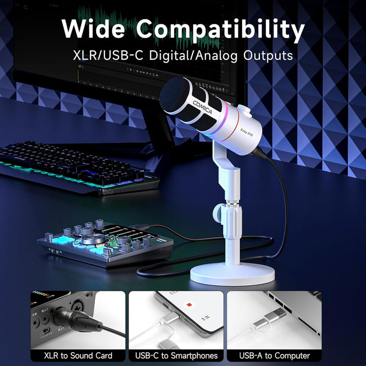 COMICA EJoy D10(D) Microphone de jeu USB – Micro dynamique RVB Avec Suppression du Bruit, XLR/USB-C,