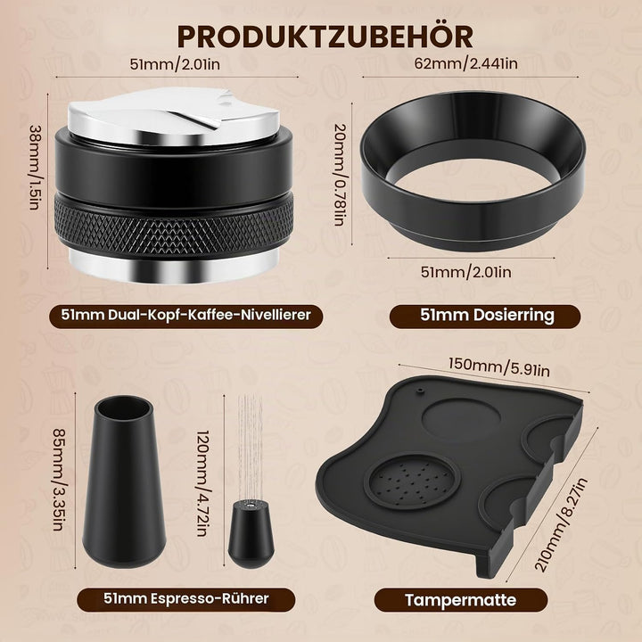 51 mm Barista Espresso Zubehör Set, 5-in-1 Siebträger-Set mit Kaffeeverteiler, Tamper & Leveler, WDT
