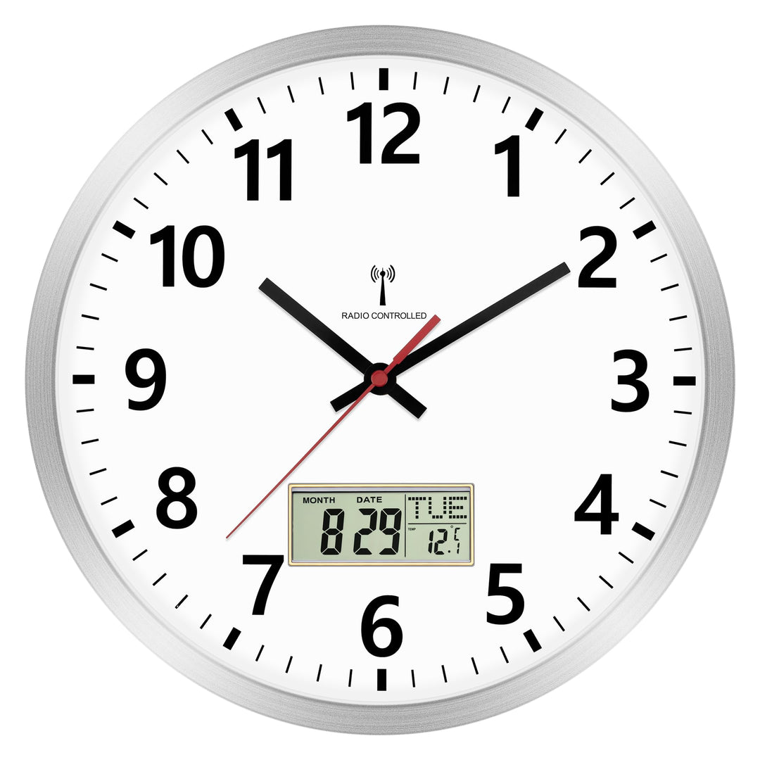 Foxtop Wanduhr Funk Digitale 30cm küchenuhr Funk Analog Wanduhr mit Temperatur und Datum LCD-Anzeige