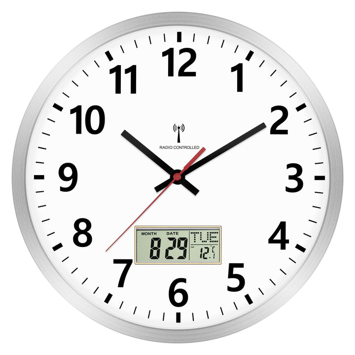 Foxtop Wanduhr Funk Digitale 30cm küchenuhr Funk Analog Wanduhr mit Temperatur und Datum LCD-Anzeige