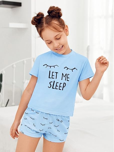Haloumoning Mädchen Schlafanzüge Sommer Niedliche Shorts Set Bequem Kurzarm Cartoon bedrucktes Pyjam