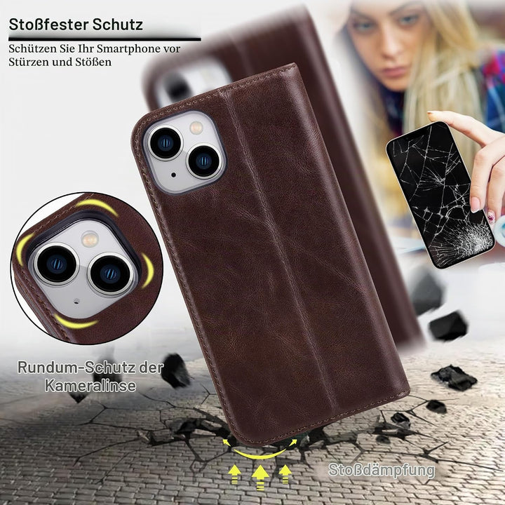 VISOUL Hülle für iPhone 15, Schutzhülle [Echt Leder] [Schützt vor Stoss] [Kartenfach] [Magnetverschl
