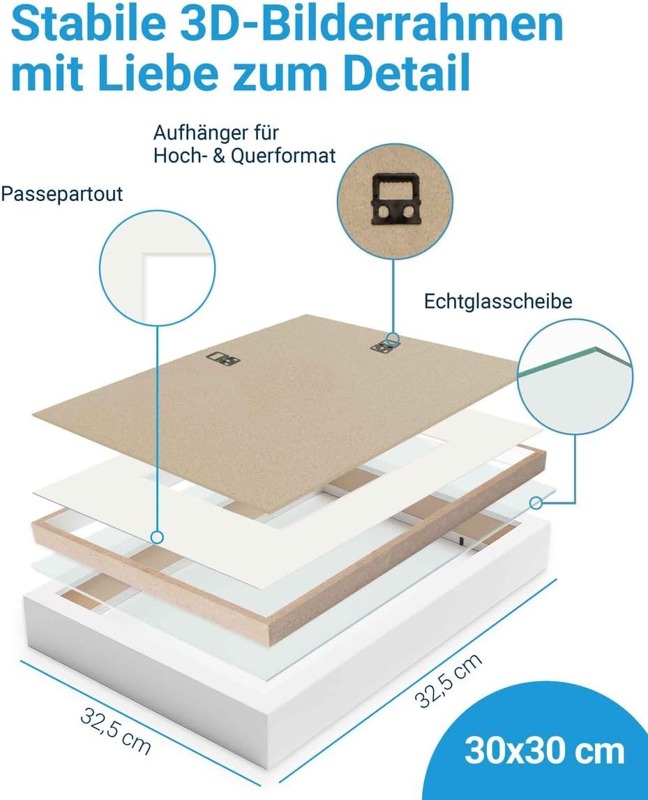 PHOTOLINI 3D Bilderrahmen zum Befüllen 30x30 Weiss gross, 3 cm tiefer Objektrahmen mit Glas, tiefer