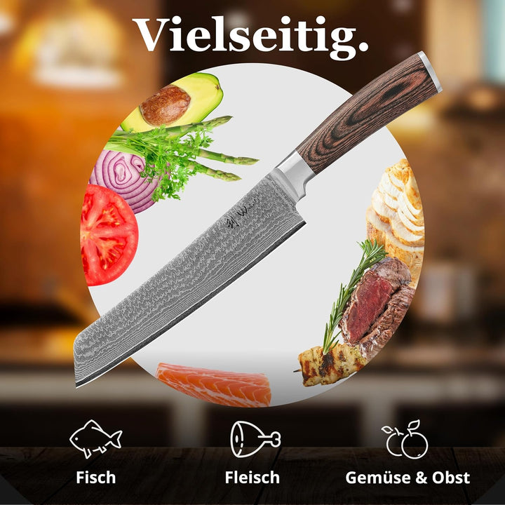 Wakoli EDIB Bunka Küchenmesser aus echtem Damaststahl (VG10 Kern) mit 20 cm Klinge – Scharf & ergono