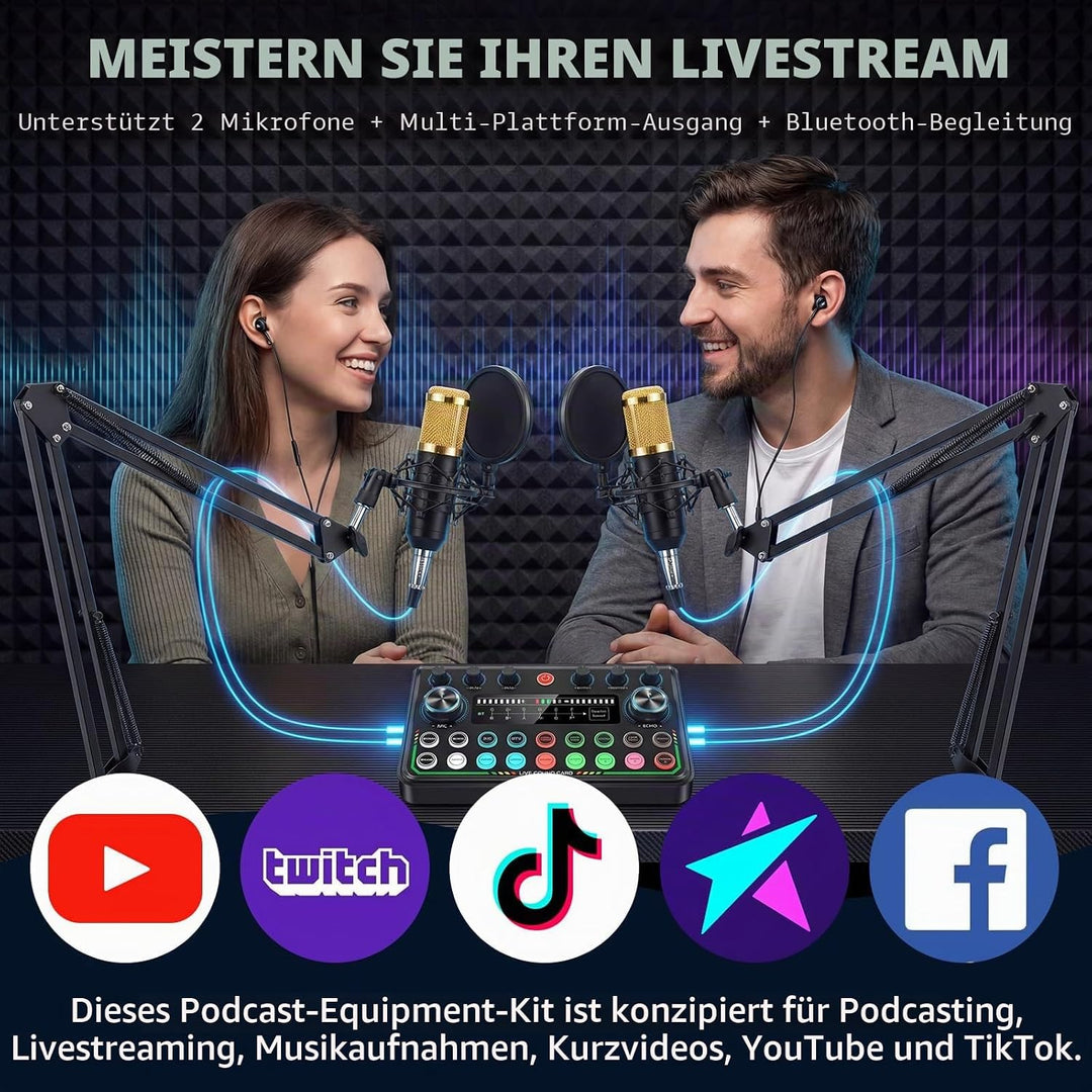 Podcast Equipment Bundle - Podcast Mikrofon Set, Mixer Kit mit Live Soundkarte, for Streaming Singin