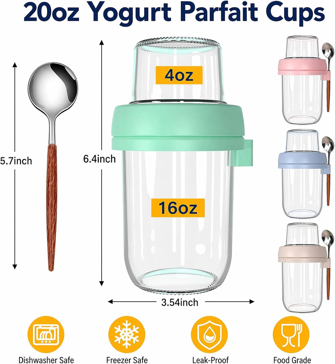 4er Müslibecher To Go mit Löffel, Overnight Oats Gläser, Joghurtbecher mit Doppelschicht-Design, Tro
