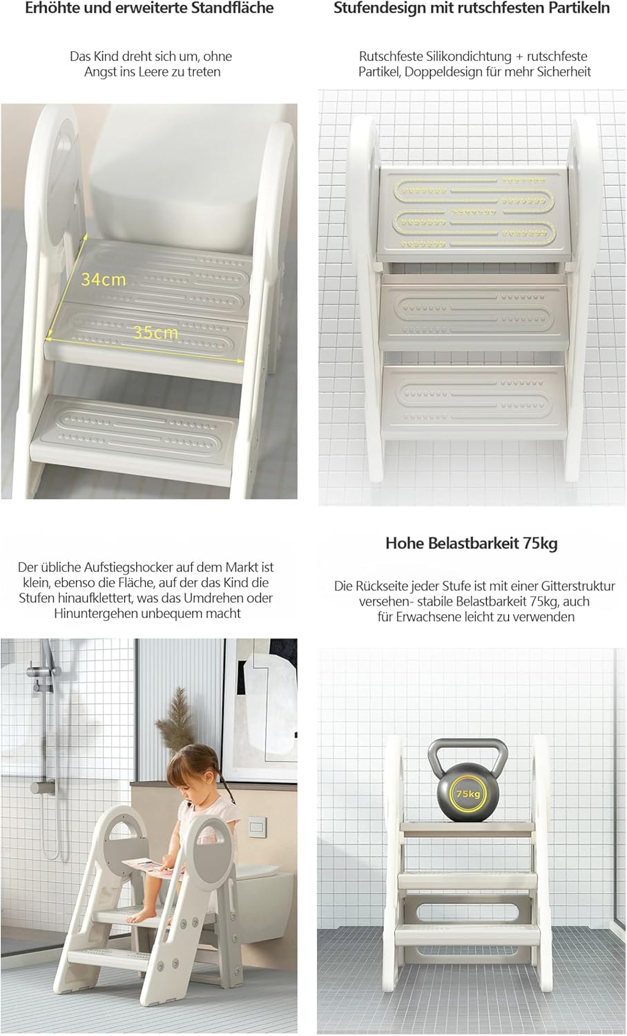 Klappbarer Kindertritt, 2-3 Stufen, 65 cm Höhe, 34x35 cm Trittfläche, bis 75 kg, Weiss/Grau, Kinderl