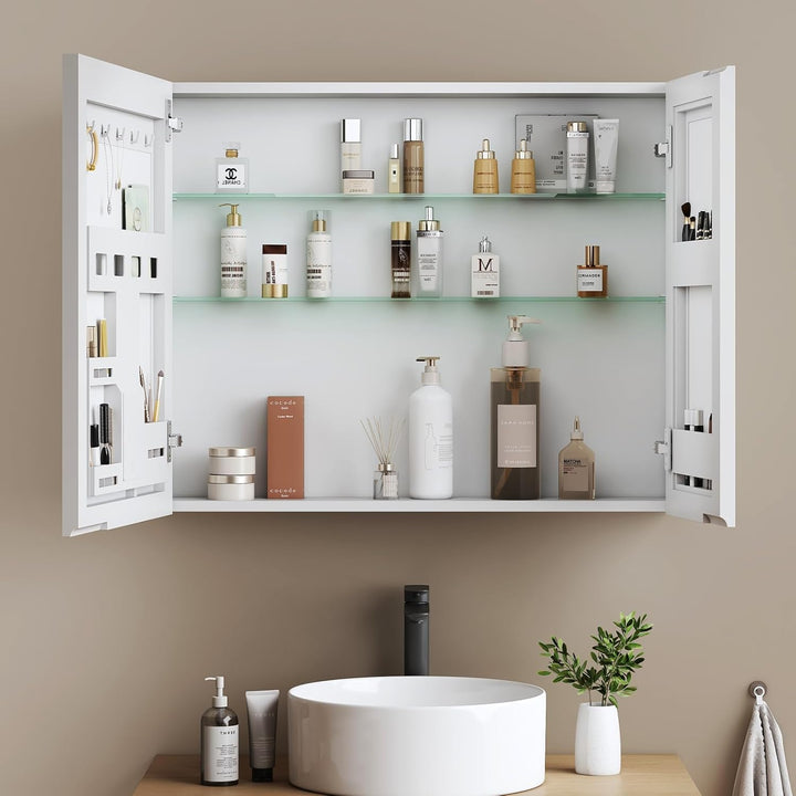 EMKE Spiegelschrank Bad 80×65×14,5 cm aus Aluminium, Weiss Matt, Doppeltür mit Aufbewahrung, 2 verst