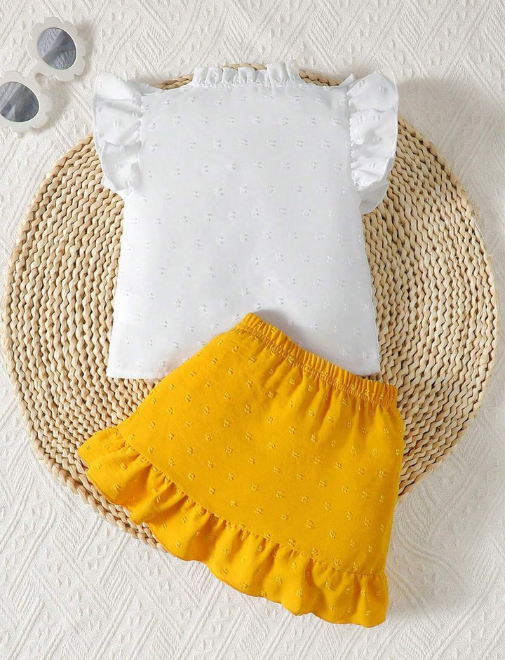 Baby Mädchen Rock Set Rüschen Ärmellose Bluse mit Schleife & Eleganter Schweizer Punkten Rock 2Pcs S