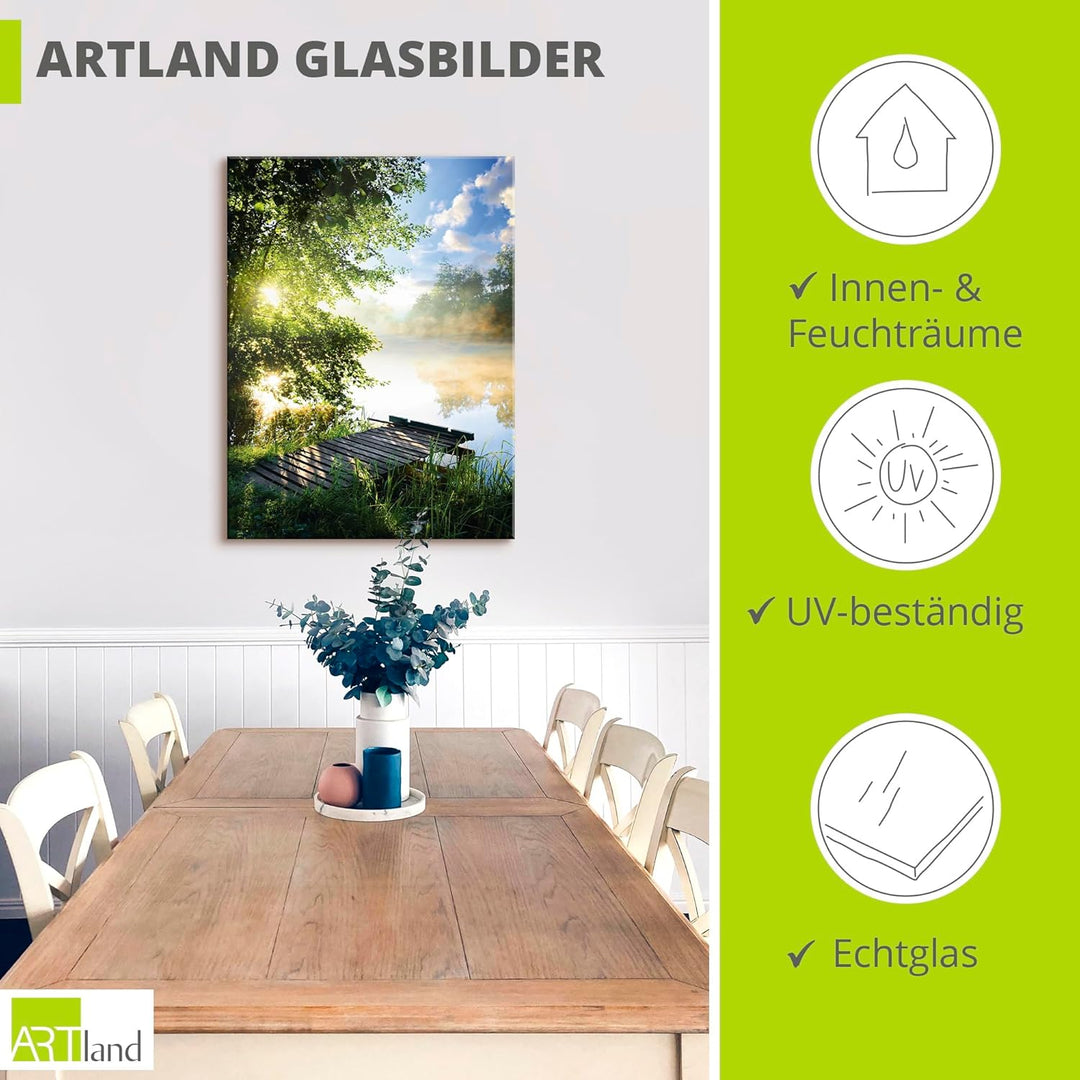Glasbilder Wandbild Glas Bild einteilig 45x60 cm Hochformat Natur Landschaft Wald Baum See Steg Somm