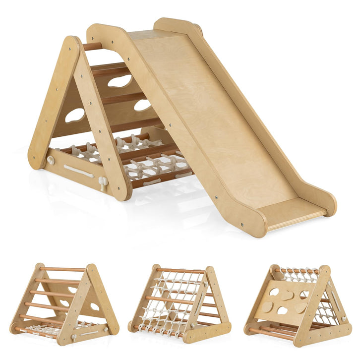 HOMASIS 4 in 1 Klettergerüste mit Rutsche, Kletterdreiecke für Kinder, Spielplatz aus Holz, Montesso