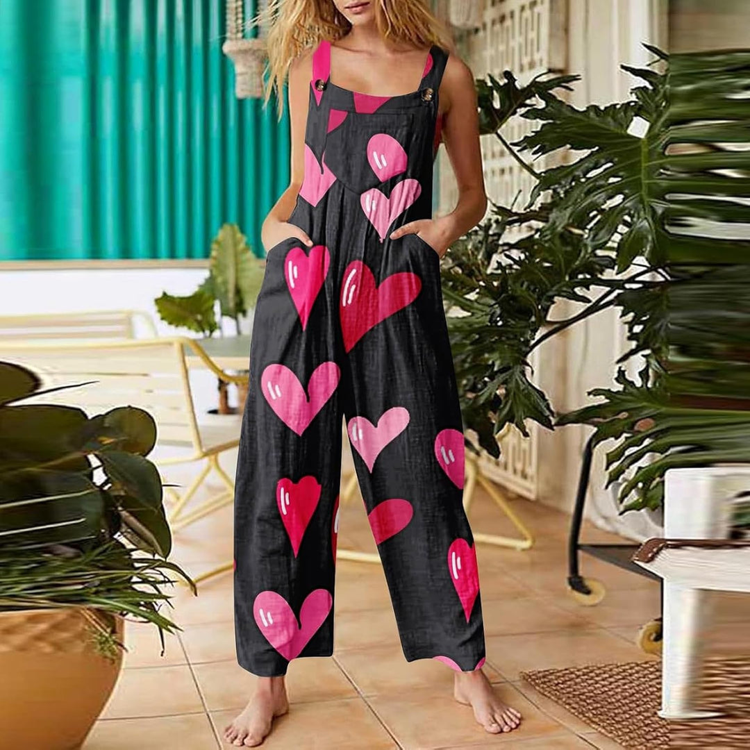 Valentinstag Jumpsuit Für Damen Herz Gedruckt Lässiger Ärmelloser Latzhose Locker Strampler Mit Tasc
