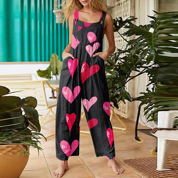 Valentinstag Jumpsuit Für Damen Herz Gedruckt Lässiger Ärmelloser Latzhose Locker Strampler Mit Tasc