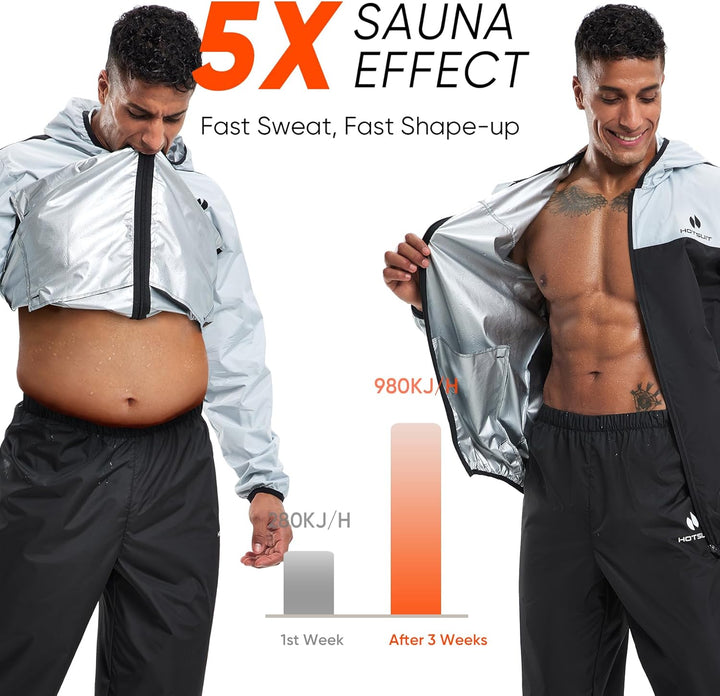 HOTSUIT Schwitzanzug Herren Trainingsanzüge Fitnessstudio Workout Übung Saunajacke Hose Ganzkörper S