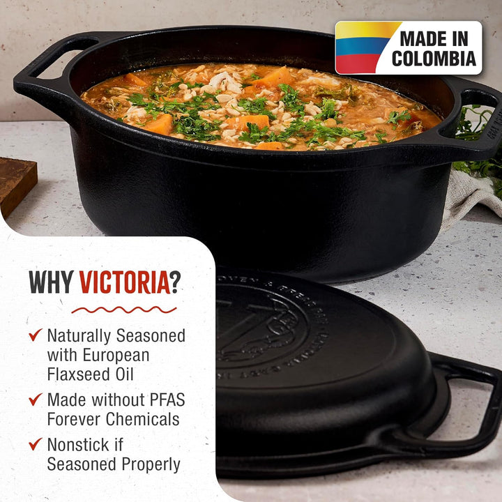 Victoria Dutch Oven Combo Gusseisen Eingebrannte 31cm/ 5,7L, Cast Iron Topf Brot Backen Seasoned Tox