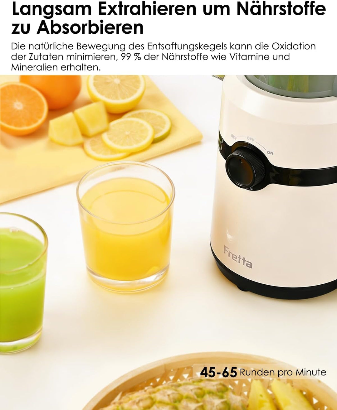 Fretta Entsafter,Slow Juicer mit 108MM Breite und Grössere Fütterungsröhre,Füllvolumen für ganze Gem