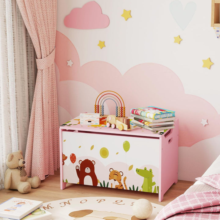 AIYAPLAY Kinderspielzeugtruhe aus Holz mit Klappdeckel, Tiermotiv, Kinderaufbewahrungstruhe mit Sich