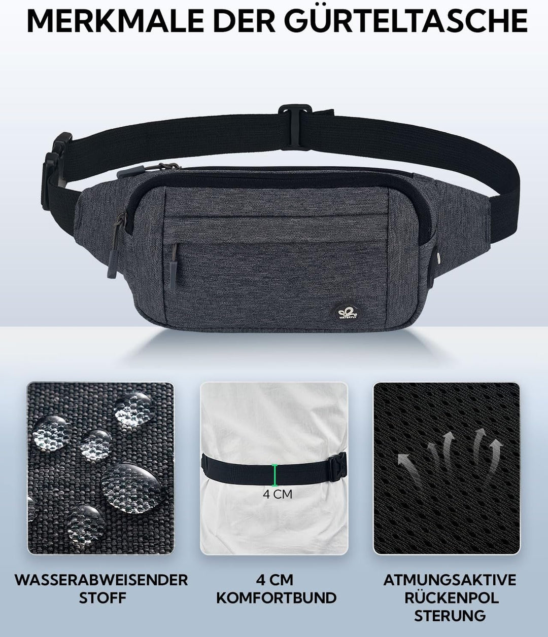 WATERFLY Bauchtasche Hüfttasche Herren Damen: Klein Gürteltasche Sport Bum Hip Bag Männer Frauen Wai