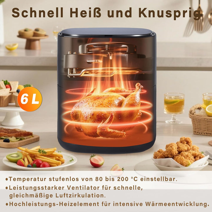 Citybee 6L Heissluftfritteuse mit beleuchtetem Sichtfenster - Extra Leiser Airfryer, 7 Programme & T