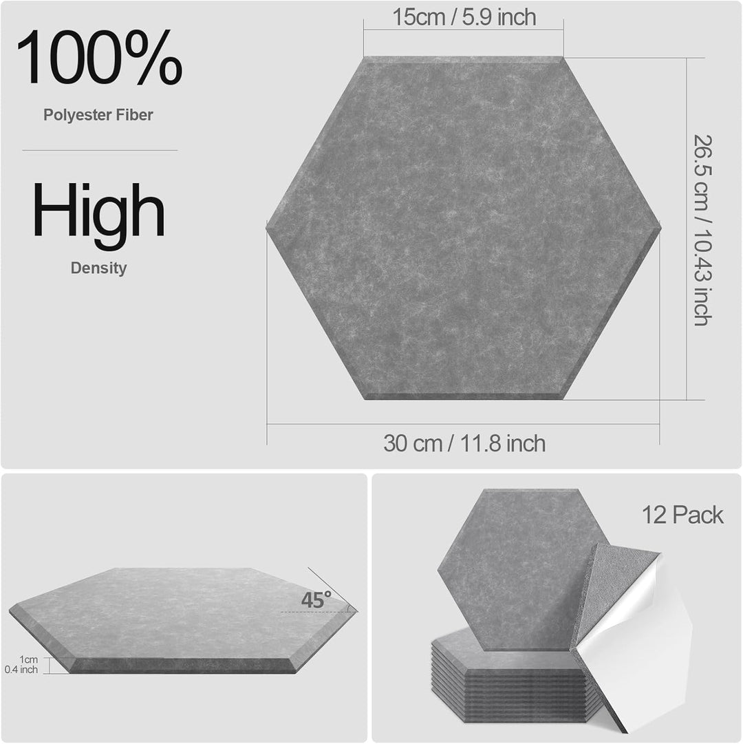 JBER 12 Pack Sechseck-Akustik-Paneele, Schallschutzschaum selbstklebend, 30 X 26 X 1cm High-Density-
