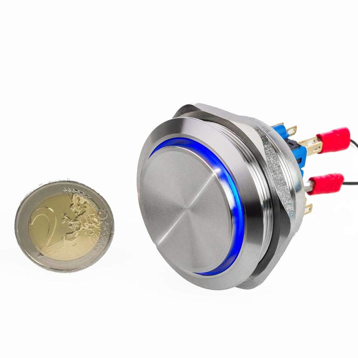 Hervorstehender Drucktaster Edelstahl Ø40mm LED-Ring-Beleuchtung V2A IP67 Tast-Knopf Blau, Blau