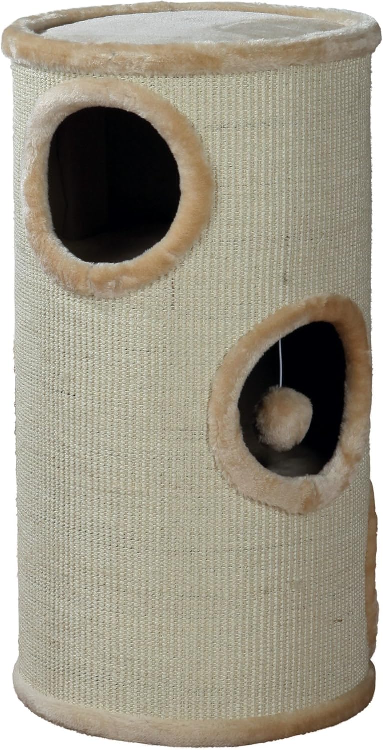 TRIXIE Kratztonne für Katzen Samuel 70 cm in natur/beige – dreistöckige Katzentonne mit gepolsterter
