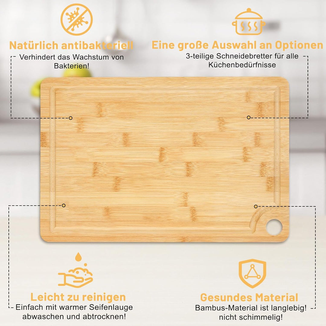 Funnydin Bambus-Schneidebretter-Set von 3, unterschiedliche Grössen, Holz-Schneidebretter & Servierw