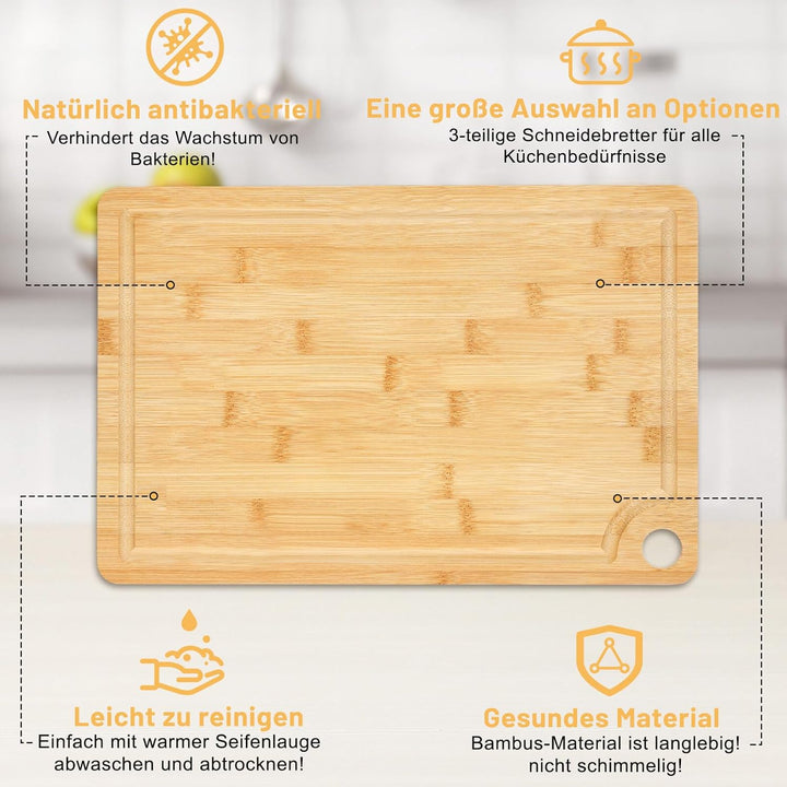 Funnydin Bambus-Schneidebretter-Set von 3, unterschiedliche Grössen, Holz-Schneidebretter & Servierw