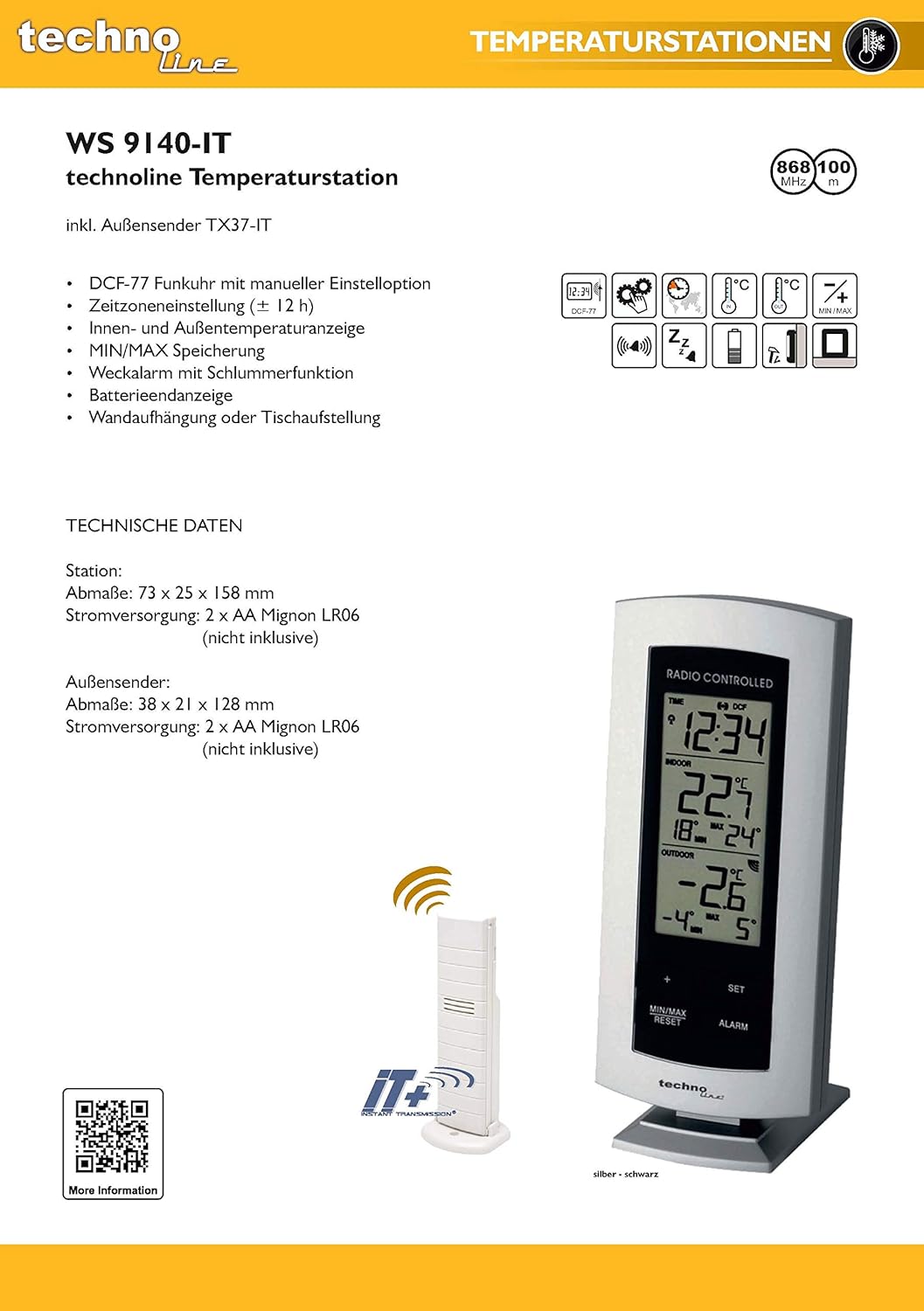 Technoline WS 9140-IT klassische Wetterstation mit Funkuhr,Innen- sowie Aussentemperaturanzeige, sil