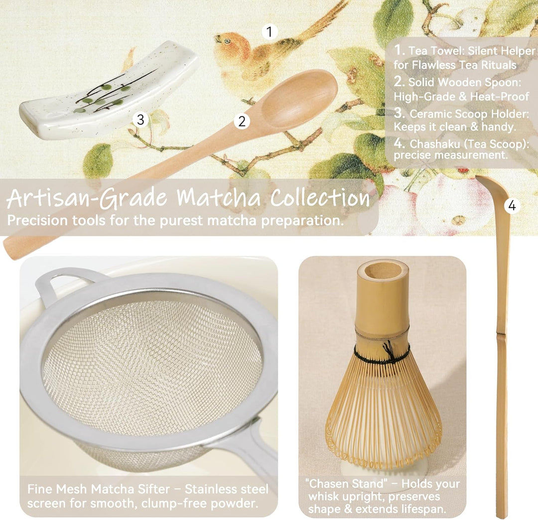 Matcha Set Beige (8-teilig) und Schale mit Ausgiesser, Premium Matcha Tee Set für Matcha Latte Zuber