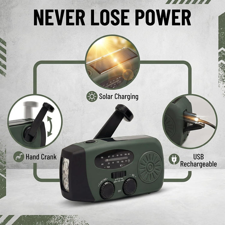 Notfallradio mit Kurbel und Solar, Tragbare Kurbelradio mit LED-Taschenlampe, AM/FM Empfang, SOS-Ala