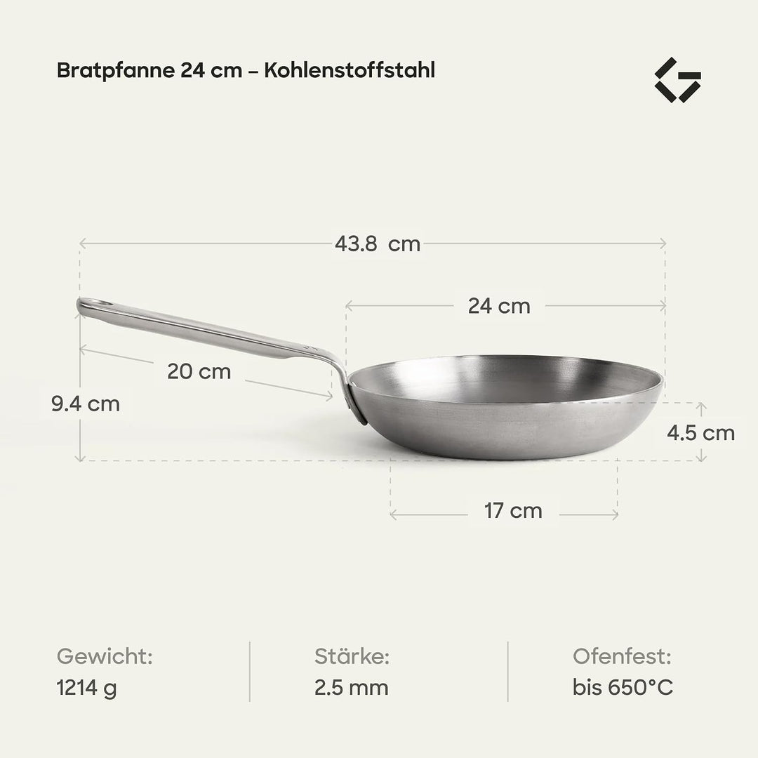 Gastrotools Carbonstahl Bratpfanne 24cm, natürliche Antihaft-Oberfläche ohne PFAS, Ofenfest bis 650°