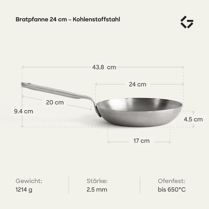 Gastrotools Carbonstahl Bratpfanne 24cm, natürliche Antihaft-Oberfläche ohne PFAS, Ofenfest bis 650°