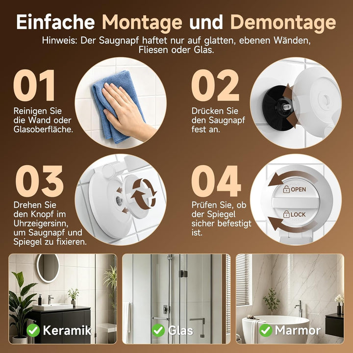 Kosmetikspiegel mit Beleuchtung, Doppelseitiger 1X / 10X Vergrösserungsspiegel mit Saugnapf, Wandver