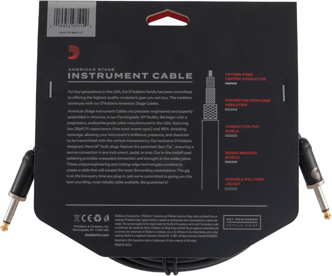 Planet Waves PW-AMSG-15 American Stage Instrumentenkabel 4,5m (15 Fuss) schwarz 15 Feet Gerade Enden