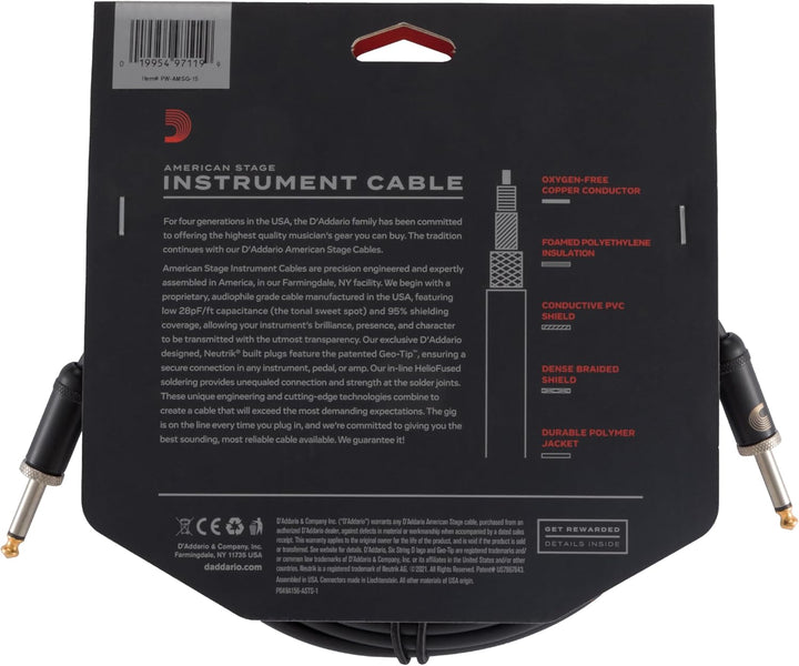 Planet Waves PW-AMSG-15 American Stage Instrumentenkabel 4,5m (15 Fuss) schwarz 15 Feet Gerade Enden