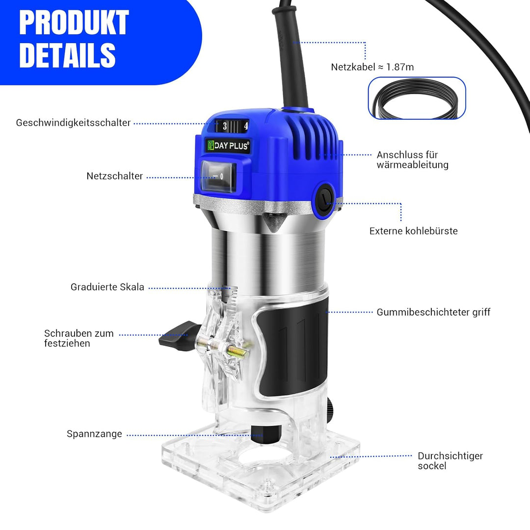800W Oberfräse Electric Hand Holzfräse, 220V Einhand Oberfräsen Trimmer 27000r/min Einhandfräse 6-8m