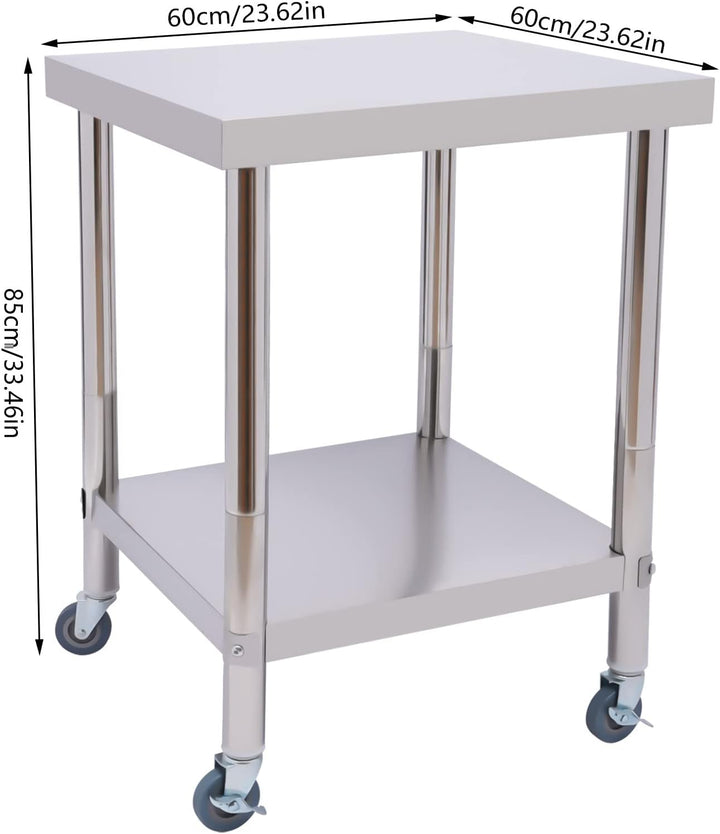 C-Juzarl Edelstahl Arbeitstisch 60 * 60 * 85cm Silbertisch mit Rollen, Küchentisch mit Ablage für di