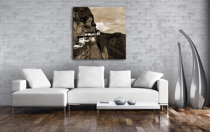 deyoli berühmtes Tigernest Kloster im Himalaya im Format: 70x70 Effekt: Sepia als Leinwandbild, Moti