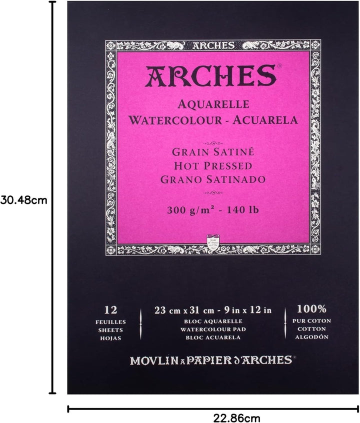 Arches 1795097 Aquarellpapier im Block (23 x 31 cm Kopfgeleimt 300g/m² Satiniert) 12 Blatt naturweis