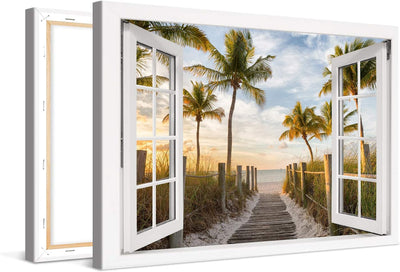 PICANOVA – Bild auf Leinwand Palmenweg zum Meer Fenster 60x40cm – Leinwandbild – Premium Leinwanddru