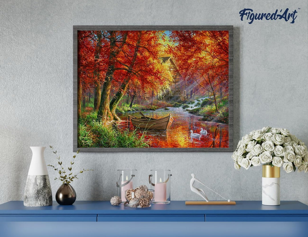 Figured'Art Malen Nach Zahlen Erwachsene Mit Rahmen Boot am Herbstlichen Fluss - Paint by Numbers Ba