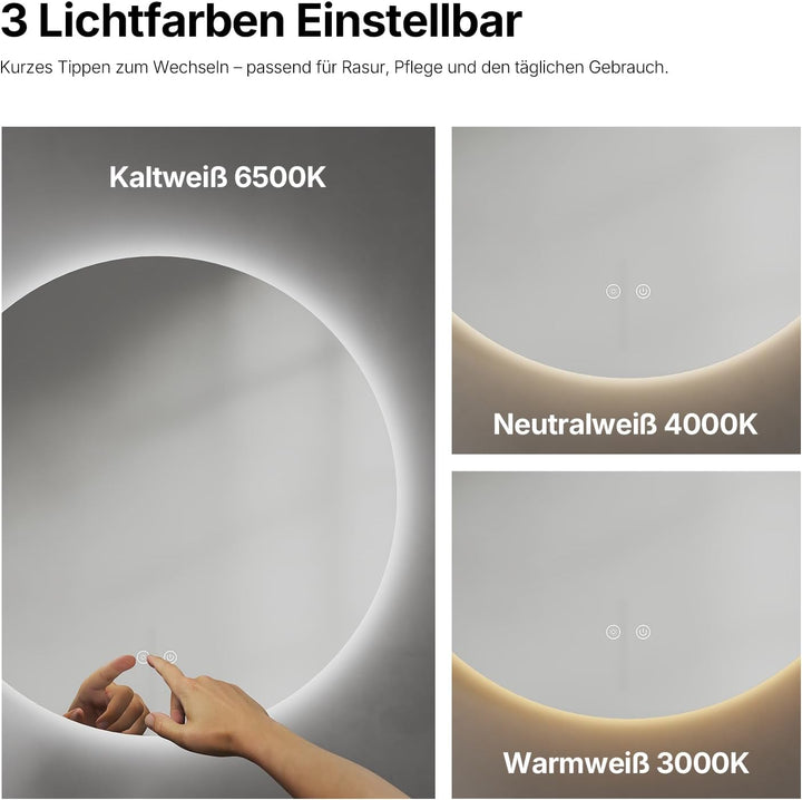 Badspiegel mit Beleuchtung Rund, 60 cm LED Spiegel mit Touch-Schalter, Badezimmer Spiegel mit Beleuc