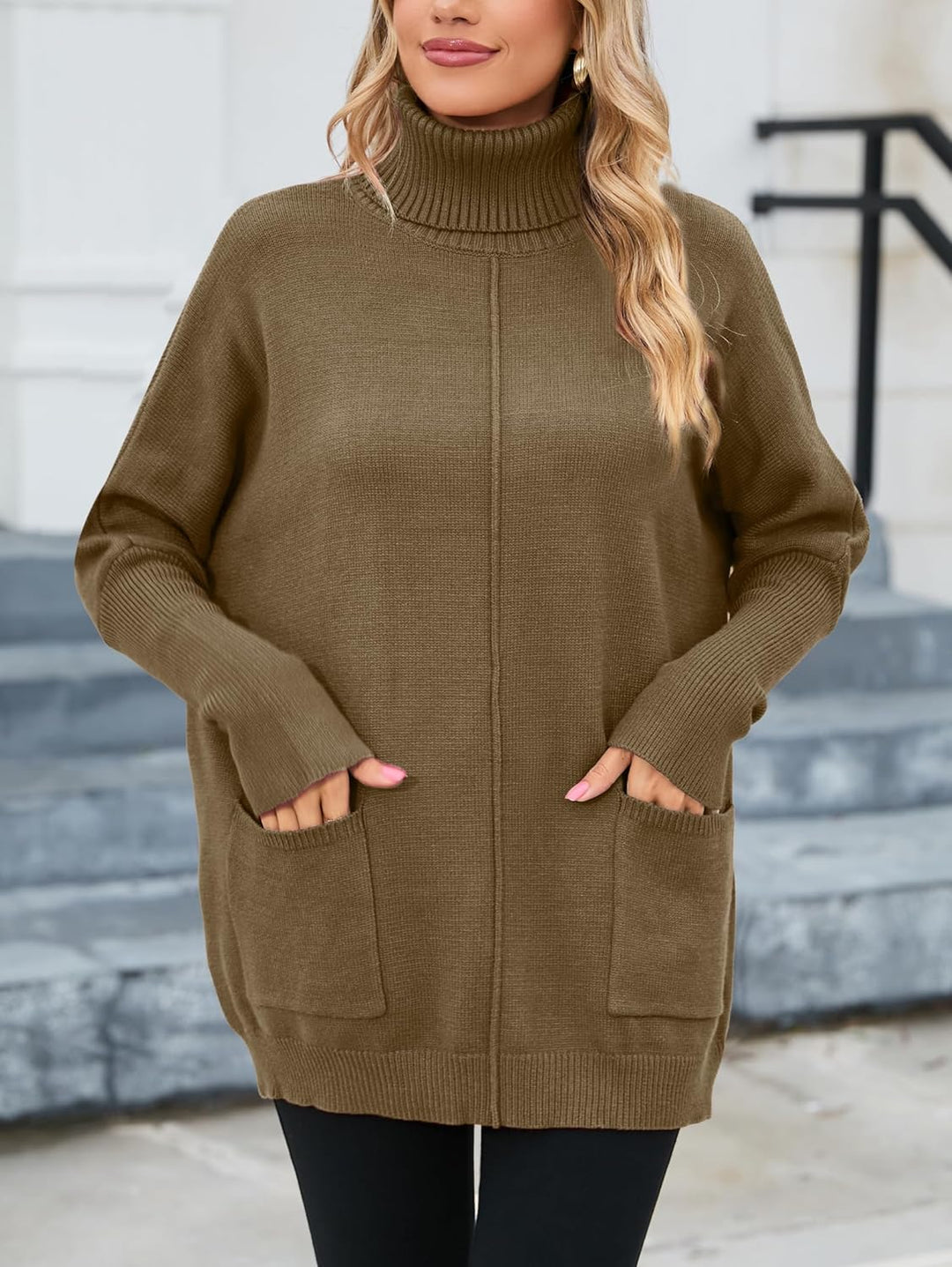 Famulily Basic Dicke Warm Herbst Winter Fledermausärmel Strick Damen Rollkragenpullover Mit Taschen