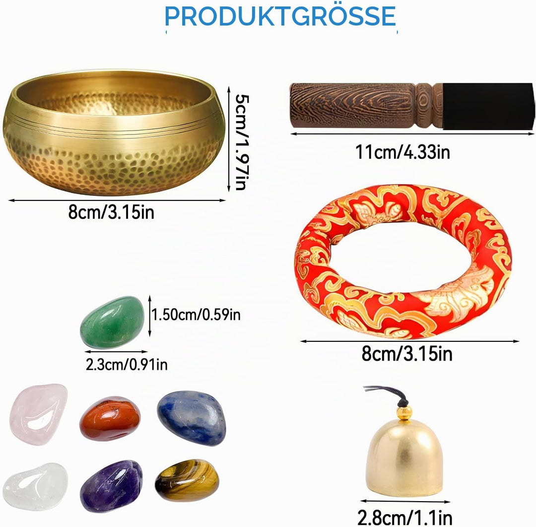 Tibetische Klangschale, handgestimmte Chakra-Stein-Schale mit 2 Glocken und Tragetasche, spirituelle
